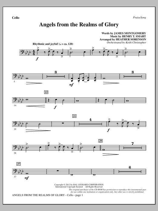 Heather Sorenson Angels From The Realms Of Glory - Cello sheet music notes and chords arranged for Choir Instrumental Pak