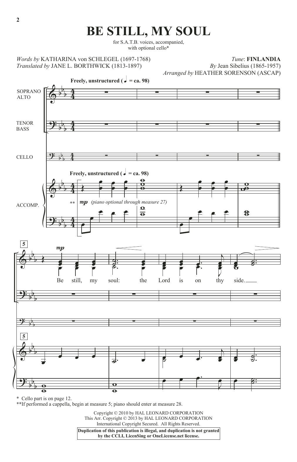 Heather Sorenson Be Still My Soul sheet music notes and chords arranged for SATB Choir