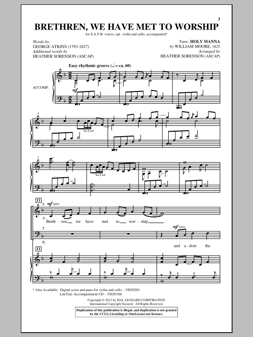Heather Sorenson Brethren We Have Met To Worship sheet music notes and chords arranged for Choir Tool Kit