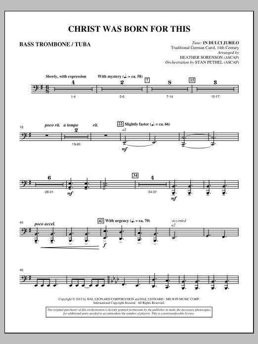 Heather Sorenson Christ Was Born For This - Bass Trombone/Tuba sheet music notes and chords arranged for Choir Instrumental Pak
