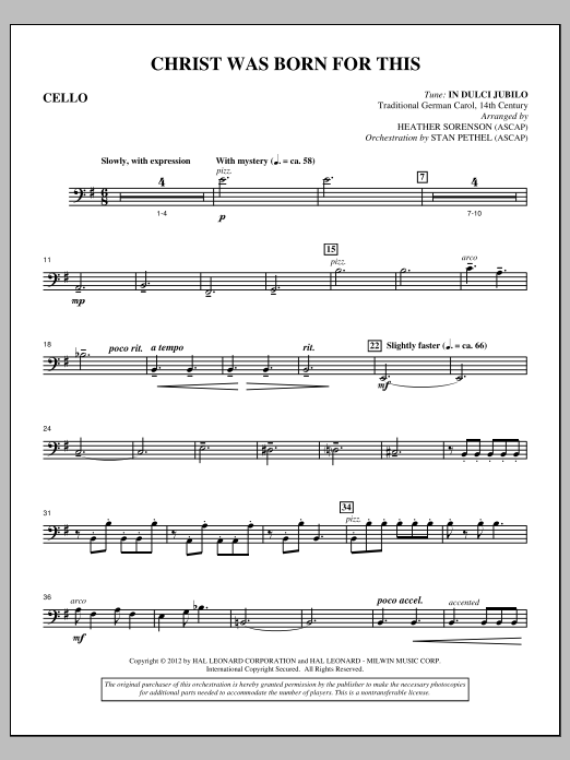 Heather Sorenson Christ Was Born For This - Cello sheet music notes and chords arranged for Choir Instrumental Pak