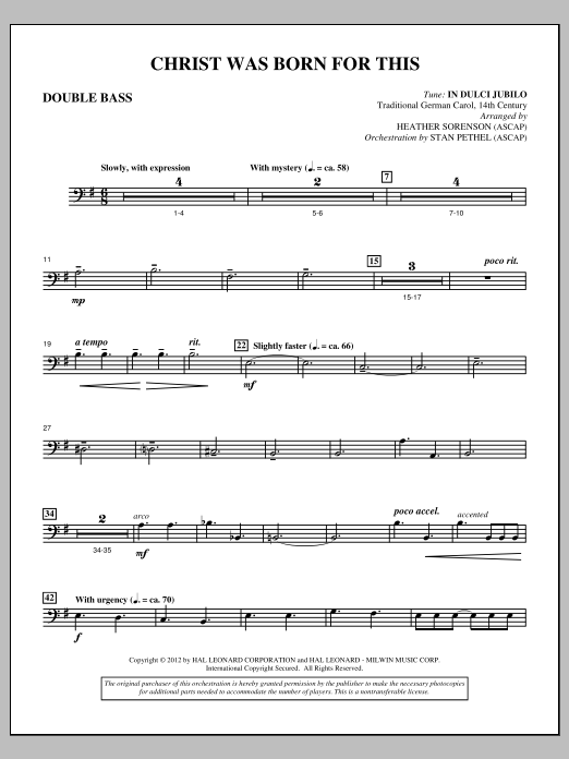 Heather Sorenson Christ Was Born For This - Double Bass sheet music notes and chords arranged for Choir Instrumental Pak