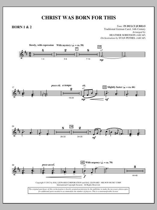 Heather Sorenson Christ Was Born For This - F Horn 1,2 sheet music notes and chords arranged for Choir Instrumental Pak