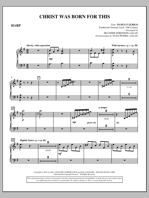 Heather Sorenson Christ Was Born For This - Harp sheet music notes and chords arranged for Choir Instrumental Pak