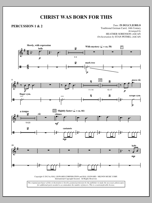 Heather Sorenson Christ Was Born For This - Percussion 1 & 2 sheet music notes and chords arranged for Choir Instrumental Pak
