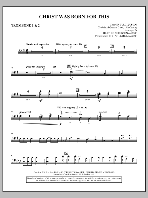 Heather Sorenson Christ Was Born For This - Trombone 1 & 2 sheet music notes and chords arranged for Choir Instrumental Pak