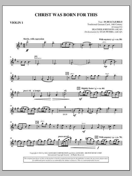 Heather Sorenson Christ Was Born For This - Violin 1 sheet music notes and chords arranged for Choir Instrumental Pak