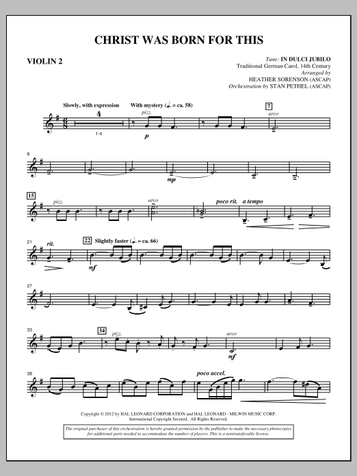 Heather Sorenson Christ Was Born For This - Violin 2 sheet music notes and chords arranged for Choir Instrumental Pak
