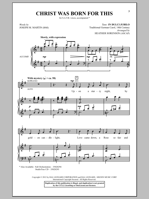 Heather Sorenson Christ Was Born For This sheet music notes and chords arranged for SATB Choir