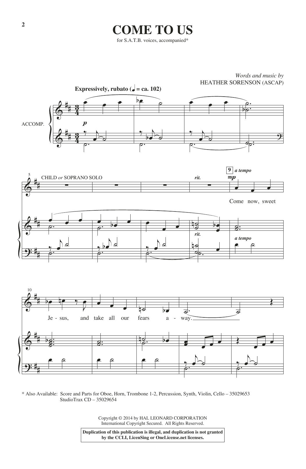 Heather Sorenson Come To Us sheet music notes and chords arranged for SATB Choir