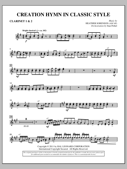 Heather Sorenson Creation Hymn In Classic Style - Bb Clarinet 1,2 sheet music notes and chords arranged for Choir Instrumental Pak