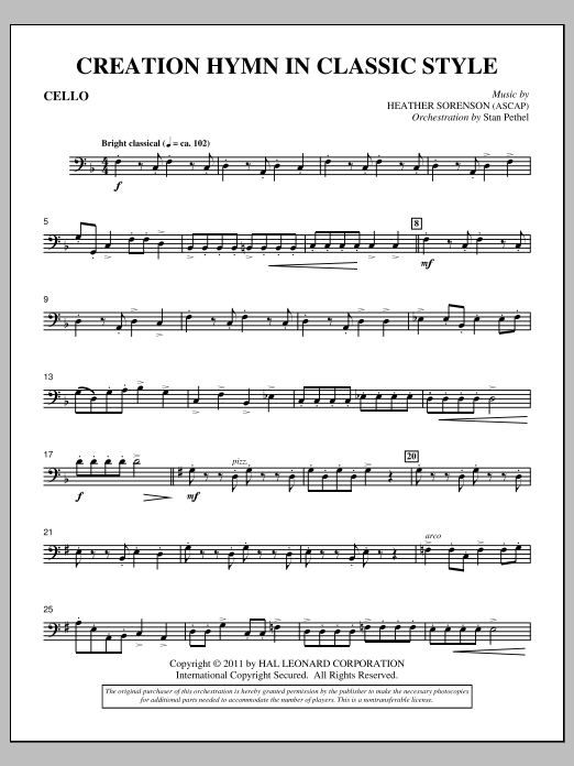 Heather Sorenson Creation Hymn In Classic Style - Cello sheet music notes and chords arranged for Choir Instrumental Pak