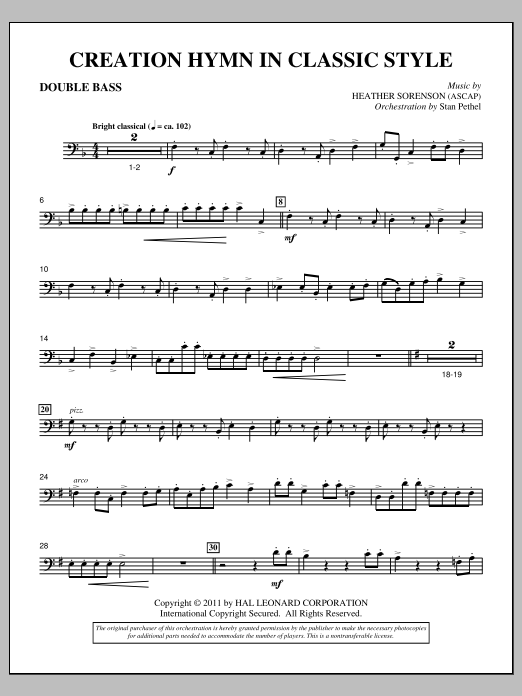 Heather Sorenson Creation Hymn In Classic Style - Double Bass sheet music notes and chords arranged for Choir Instrumental Pak