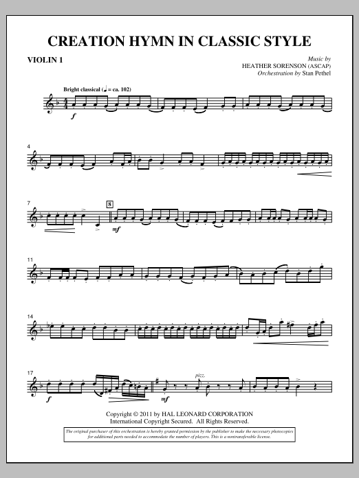 Heather Sorenson Creation Hymn In Classic Style - Violin 1 sheet music notes and chords arranged for Choir Instrumental Pak