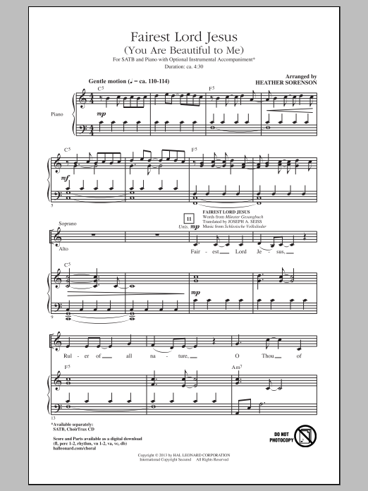 Heather Sorenson Fairest Lord Jesus (You Are Beautiful To Me) sheet music notes and chords arranged for SATB Choir