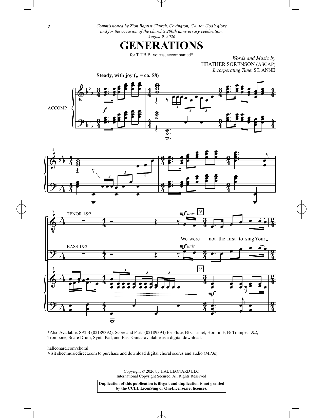 Heather Sorenson Generations sheet music notes and chords arranged for TTBB Choir