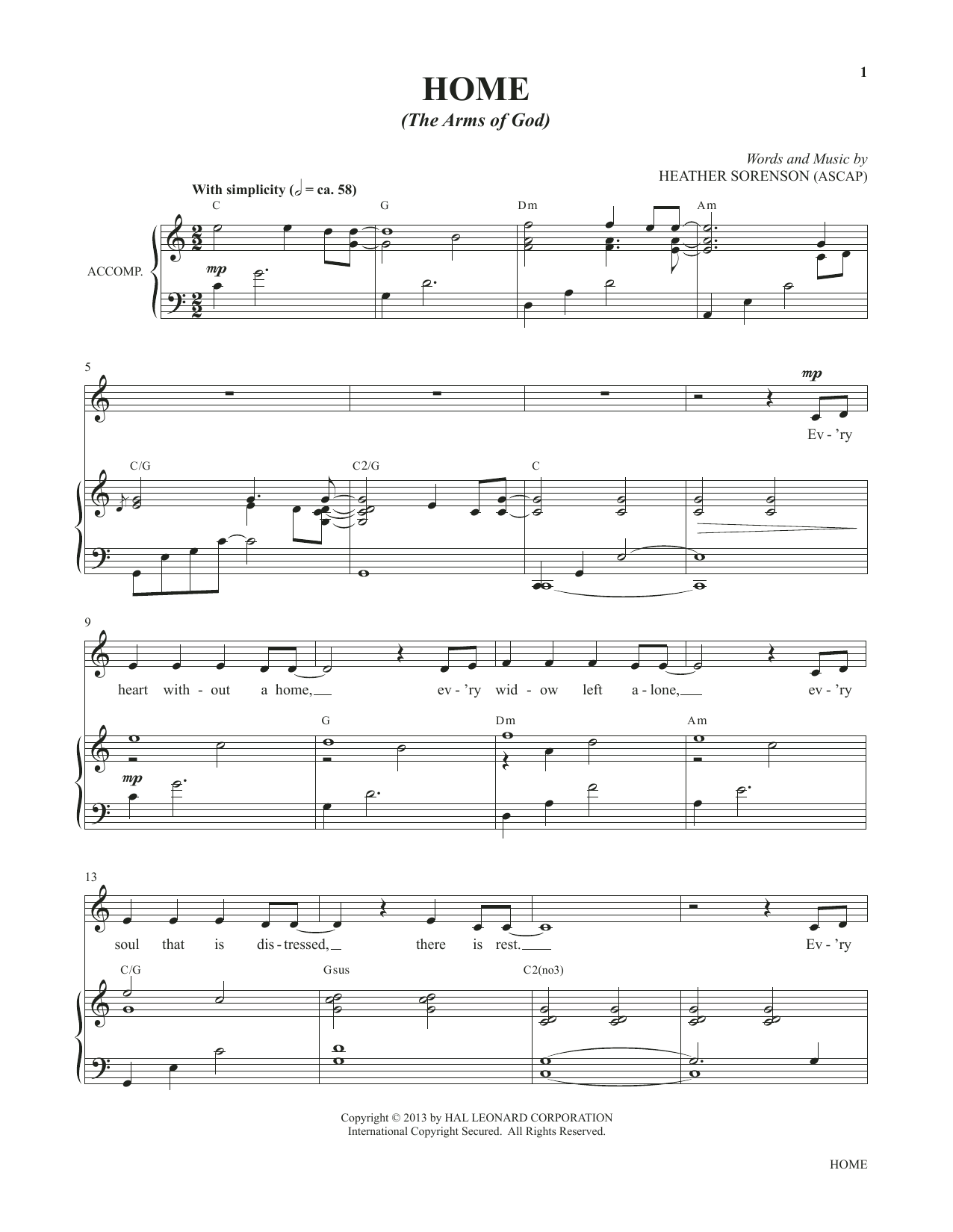 Heather Sorenson Home (The Arms Of God) (from My Alleluia: Vocal Solos for Worship) sheet music notes and chords arranged for Piano & Vocal