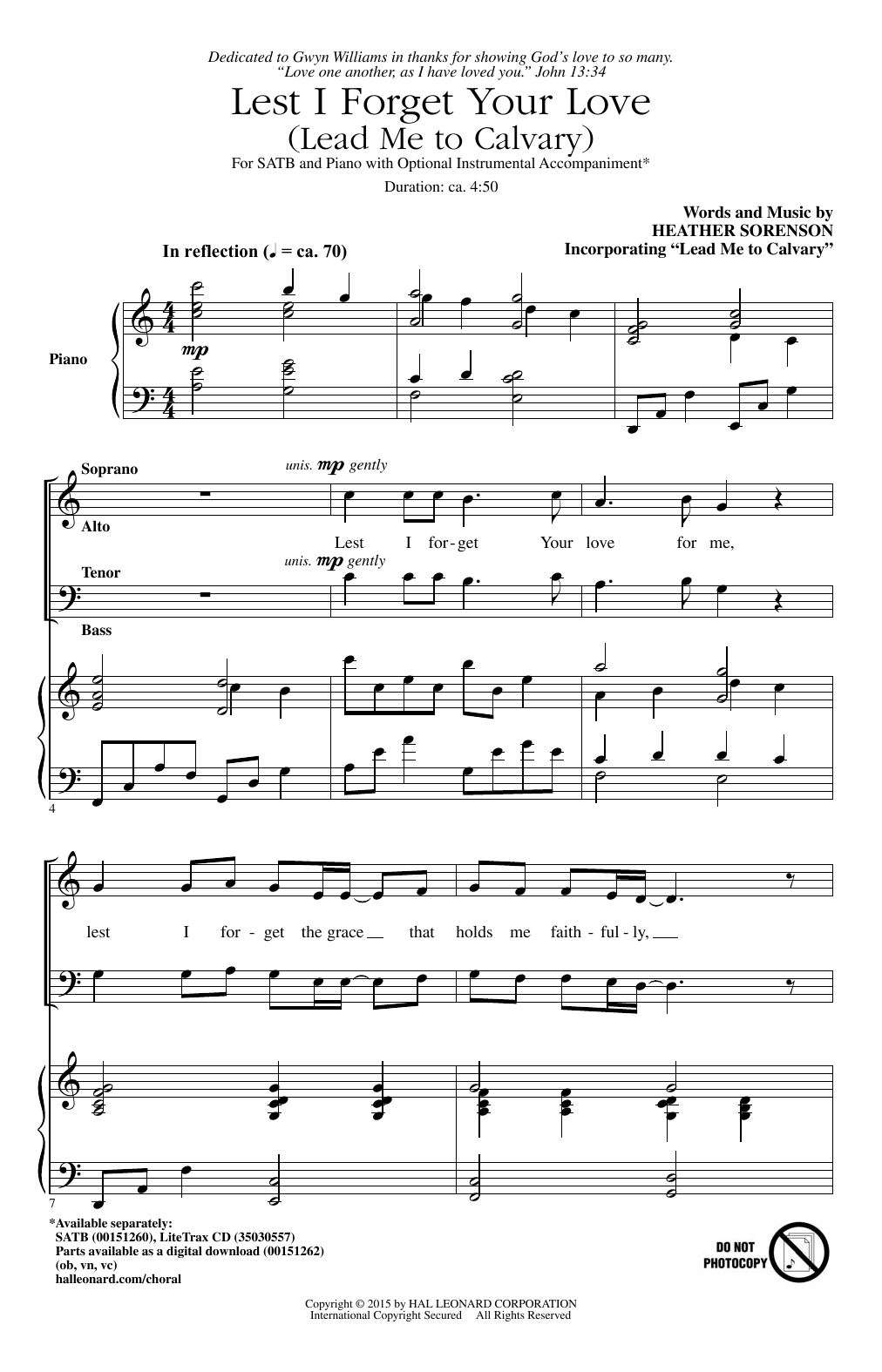 Heather Sorenson Lest I Forget Your Love (Lead Me To Calvary) sheet music notes and chords arranged for SATB Choir