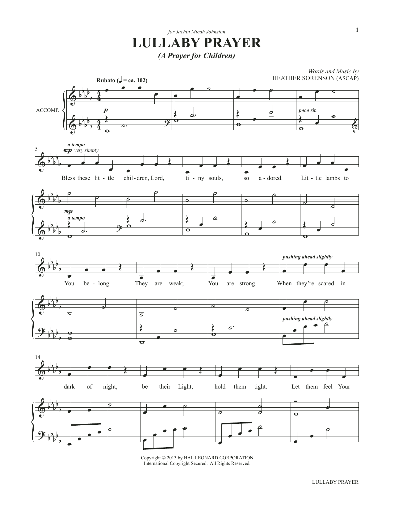 Heather Sorenson Lullaby Prayer (A Prayer For Children) (from My Alleluia: Vocal Solos for Worship) sheet music notes and chords arranged for Piano & Vocal