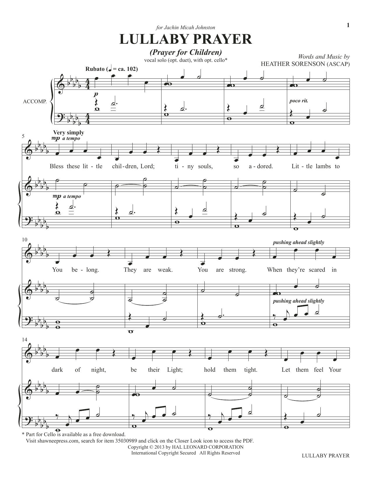 Heather Sorenson Lullaby Prayer (A Prayer For Children) (from The Prayer Project) sheet music notes and chords arranged for Piano & Vocal