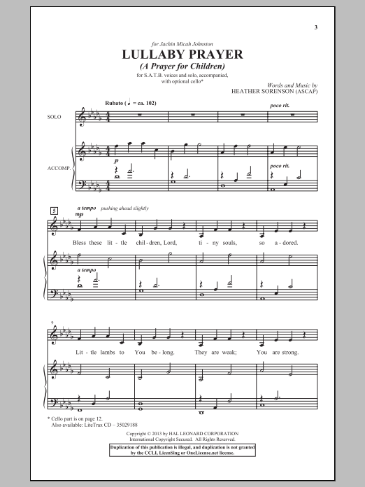 Heather Sorenson Lullaby Prayer (A Prayer For Children) sheet music notes and chords arranged for SATB Choir