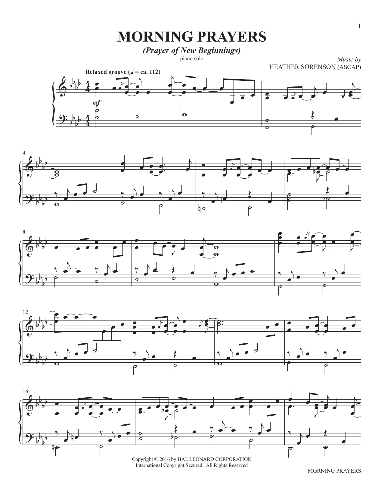 Heather Sorenson Morning Prayers (from The Prayer Project) sheet music notes and chords arranged for Piano Solo