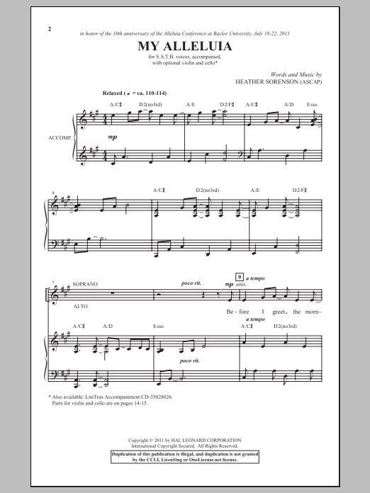 Heather Sorenson My Alleluia sheet music notes and chords arranged for SATB Choir