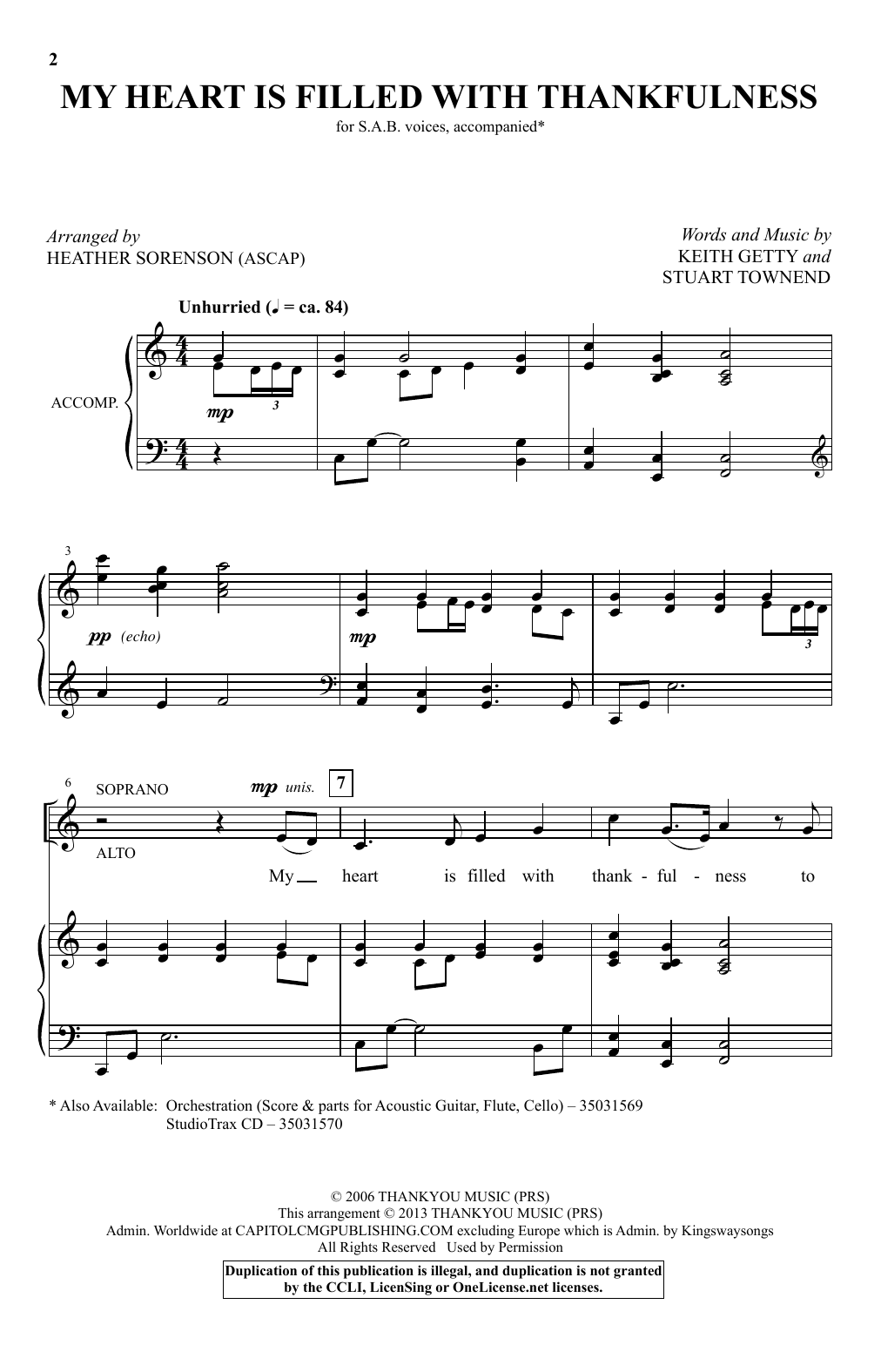 Heather Sorenson My Heart Is Filled With Thankfulness sheet music notes and chords arranged for SAB Choir