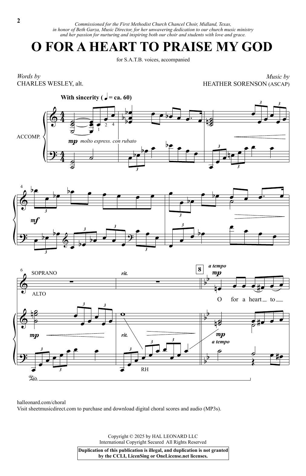 Heather Sorenson O For A Heart To Praise My God sheet music notes and chords arranged for SATB Choir