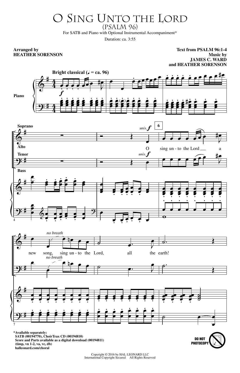 Heather Sorenson O Sing Unto The Lord (Psalm 96) sheet music notes and chords arranged for SATB Choir