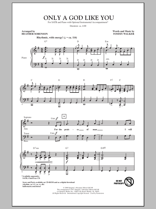 Heather Sorenson Only A God Like You sheet music notes and chords arranged for SATB Choir