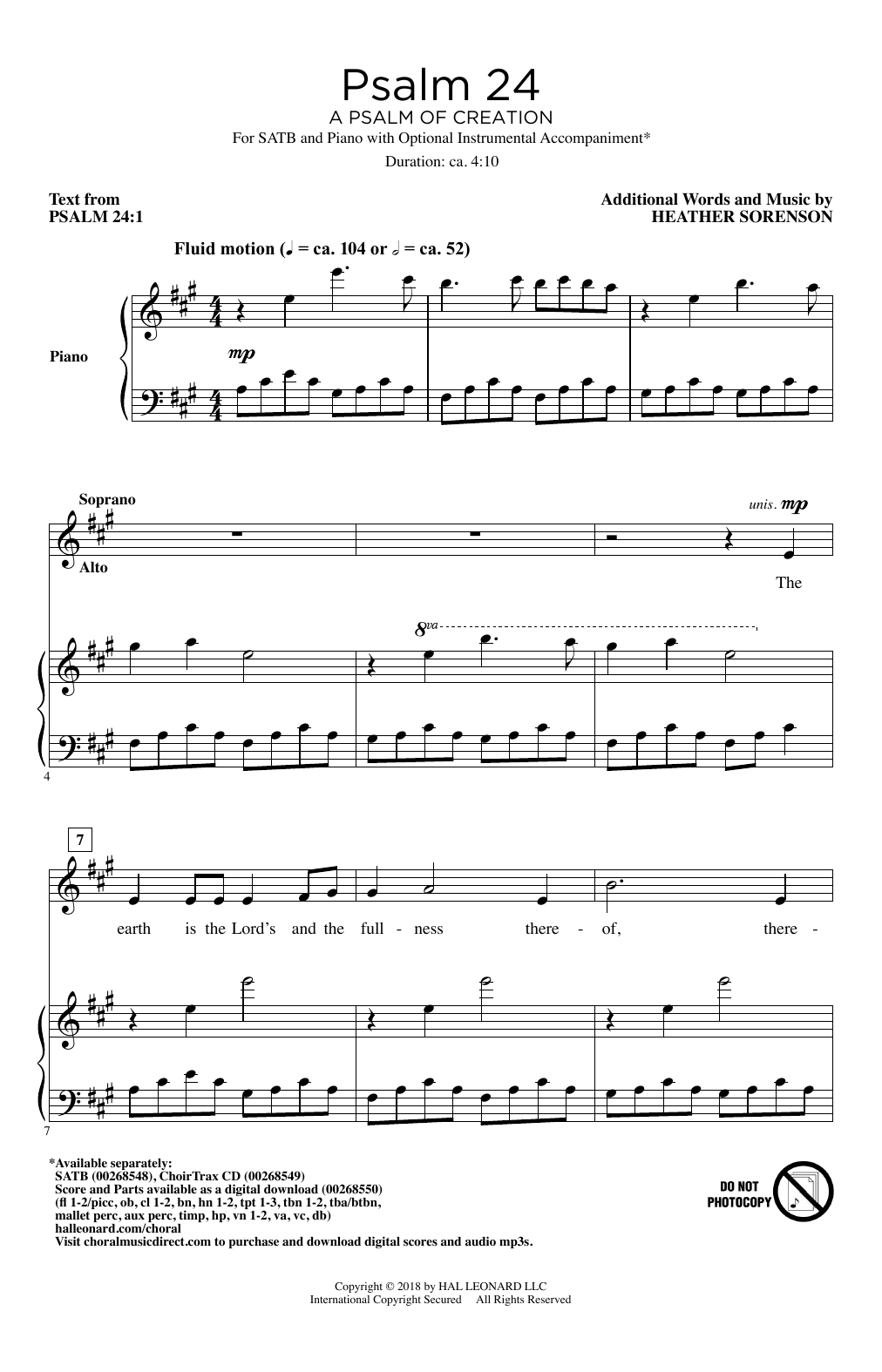 Heather Sorenson Psalm 24 (A Psalm Of Creation) sheet music notes and chords arranged for SATB Choir