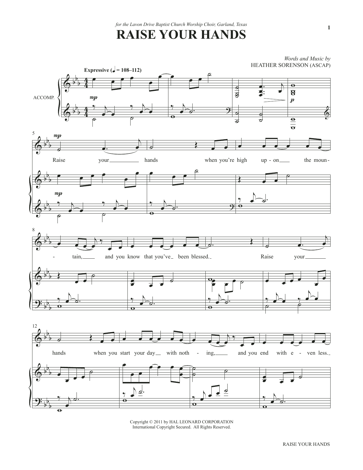 Heather Sorenson Raise Your Hands (from My Alleluia: Vocal Solos for Worship) sheet music notes and chords arranged for Piano & Vocal
