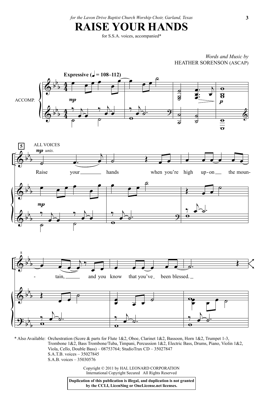 Heather Sorenson Raise Your Hands sheet music notes and chords arranged for SAB Choir