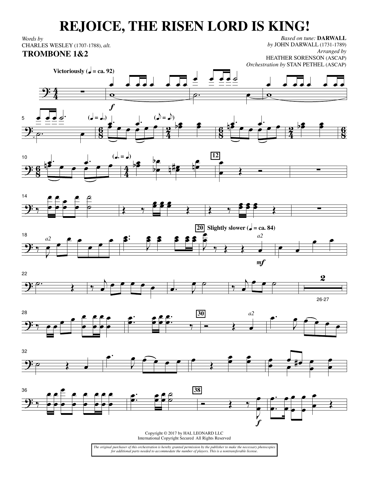 Heather Sorenson Rejoice, the Risen Lord Is King! - Trombone 1 & 2 sheet music notes and chords arranged for Choir Instrumental Pak