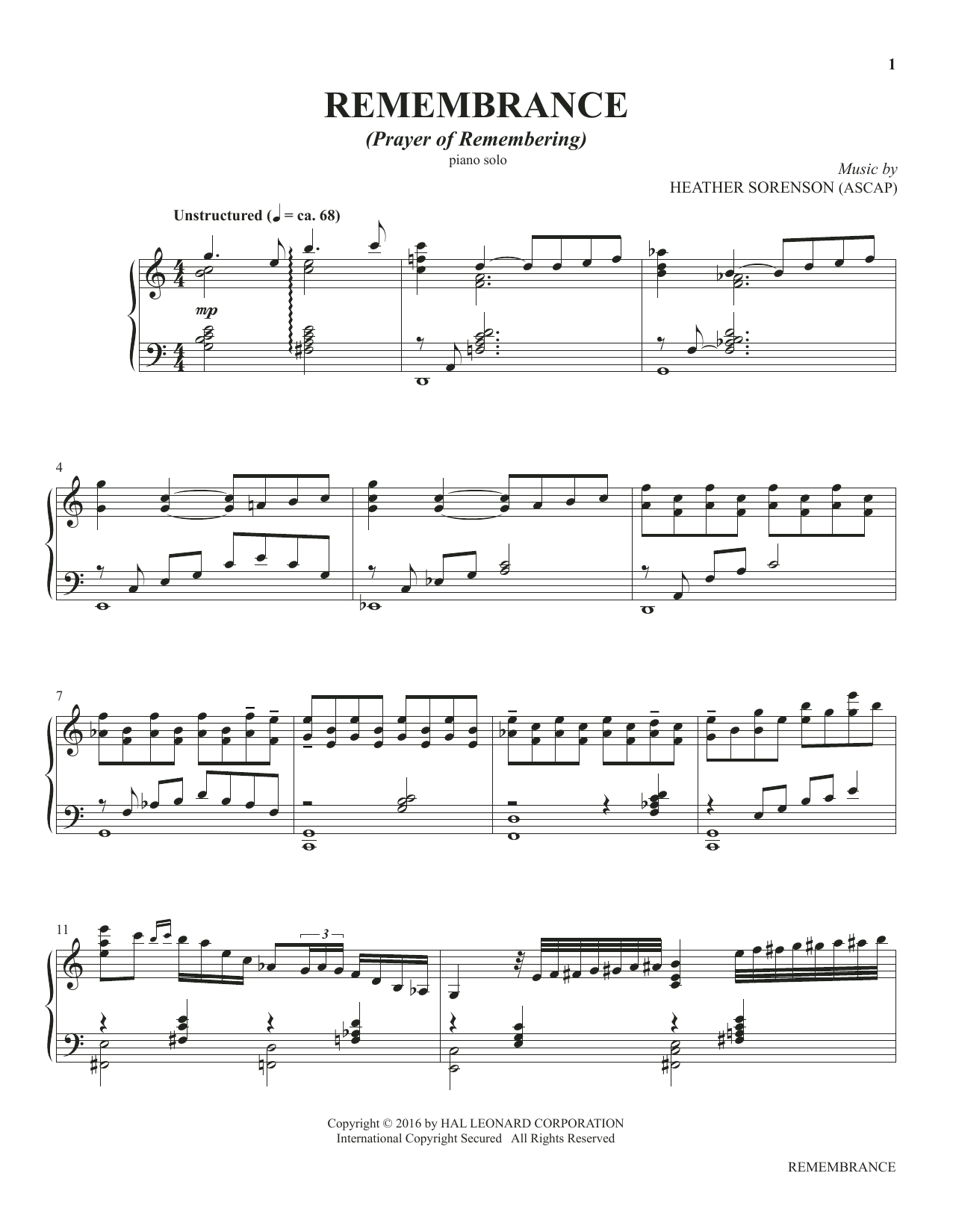Heather Sorenson Remembrance (from The Prayer Project) sheet music notes and chords arranged for Piano Solo