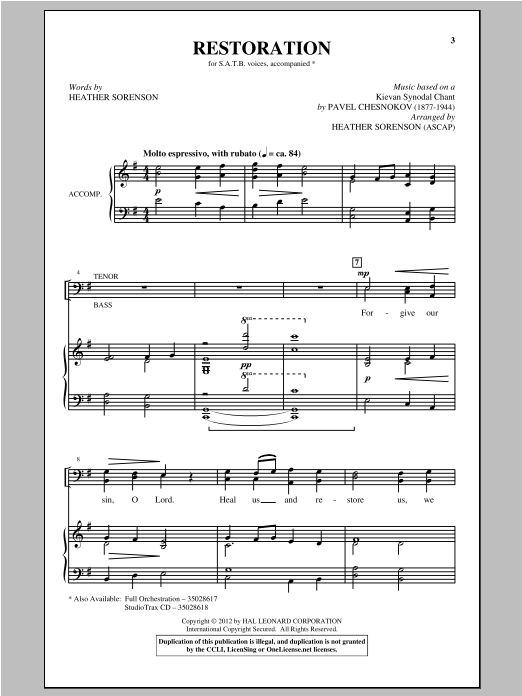 Heather Sorenson Restoration sheet music notes and chords arranged for SATB Choir
