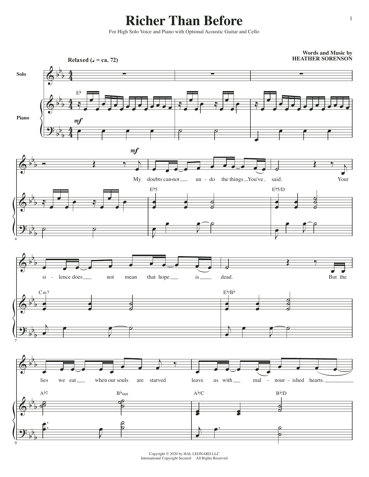 Heather Sorenson Richer Than Before (for High Voice, Acoustic Guitar and Cello) sheet music notes and chords arranged for Piano & Vocal
