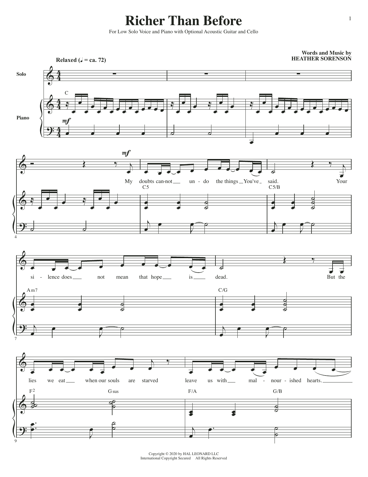 Heather Sorenson Richer Than Before (for Low Voice, Acoustic Guitar and Cello) sheet music notes and chords arranged for Piano & Vocal