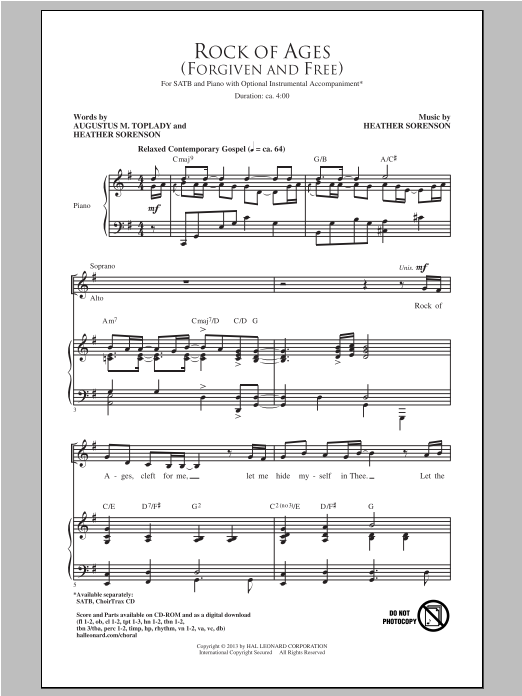 Heather Sorenson Rock Of Ages (Forgiven And Free) sheet music notes and chords arranged for SATB Choir