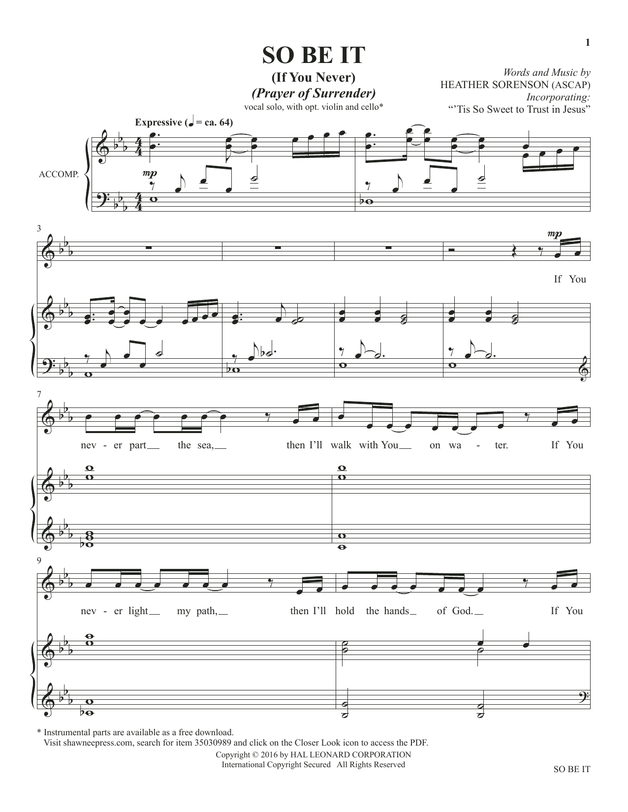 Heather Sorenson So Be It (If You Never) (from The Prayer Project) sheet music notes and chords arranged for Piano & Vocal