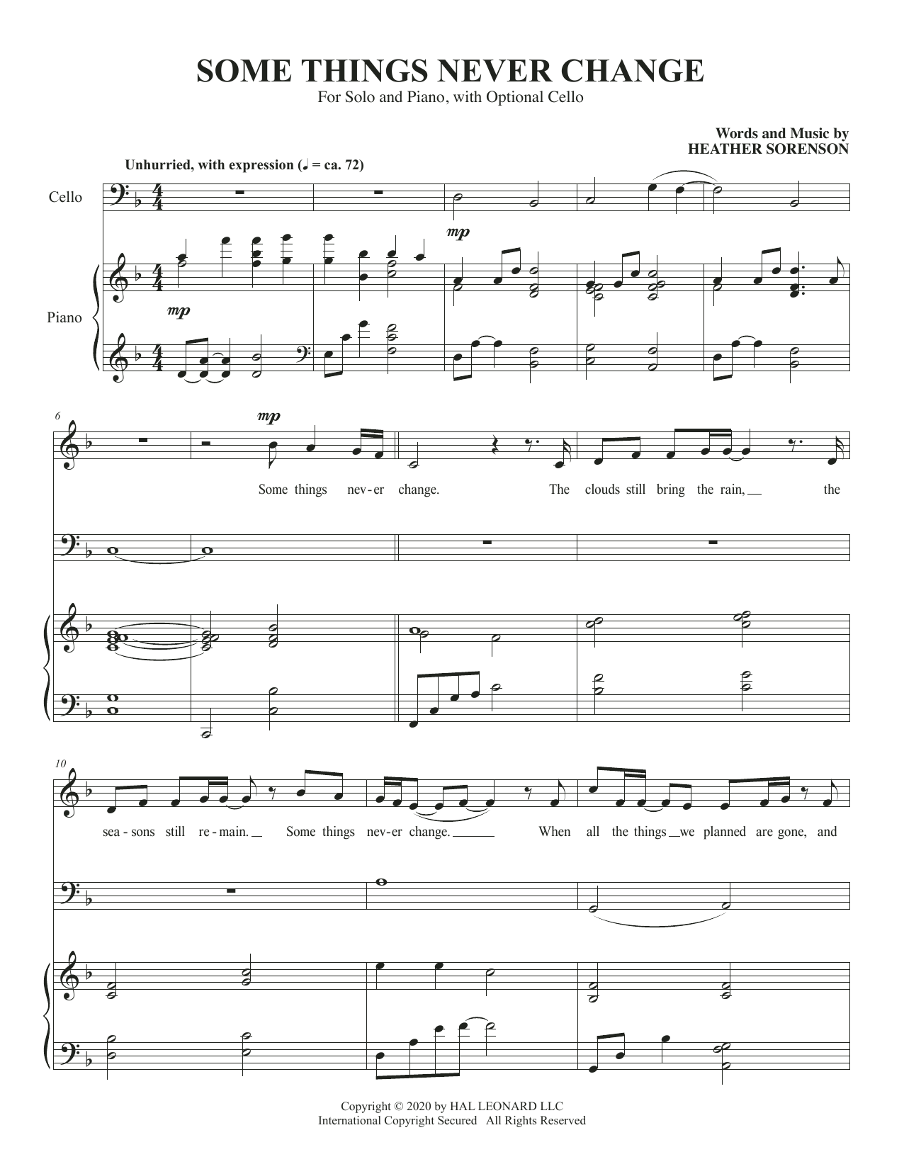 Heather Sorenson Some Things Never Change (for High Voice and Cello) sheet music notes and chords arranged for Piano & Vocal