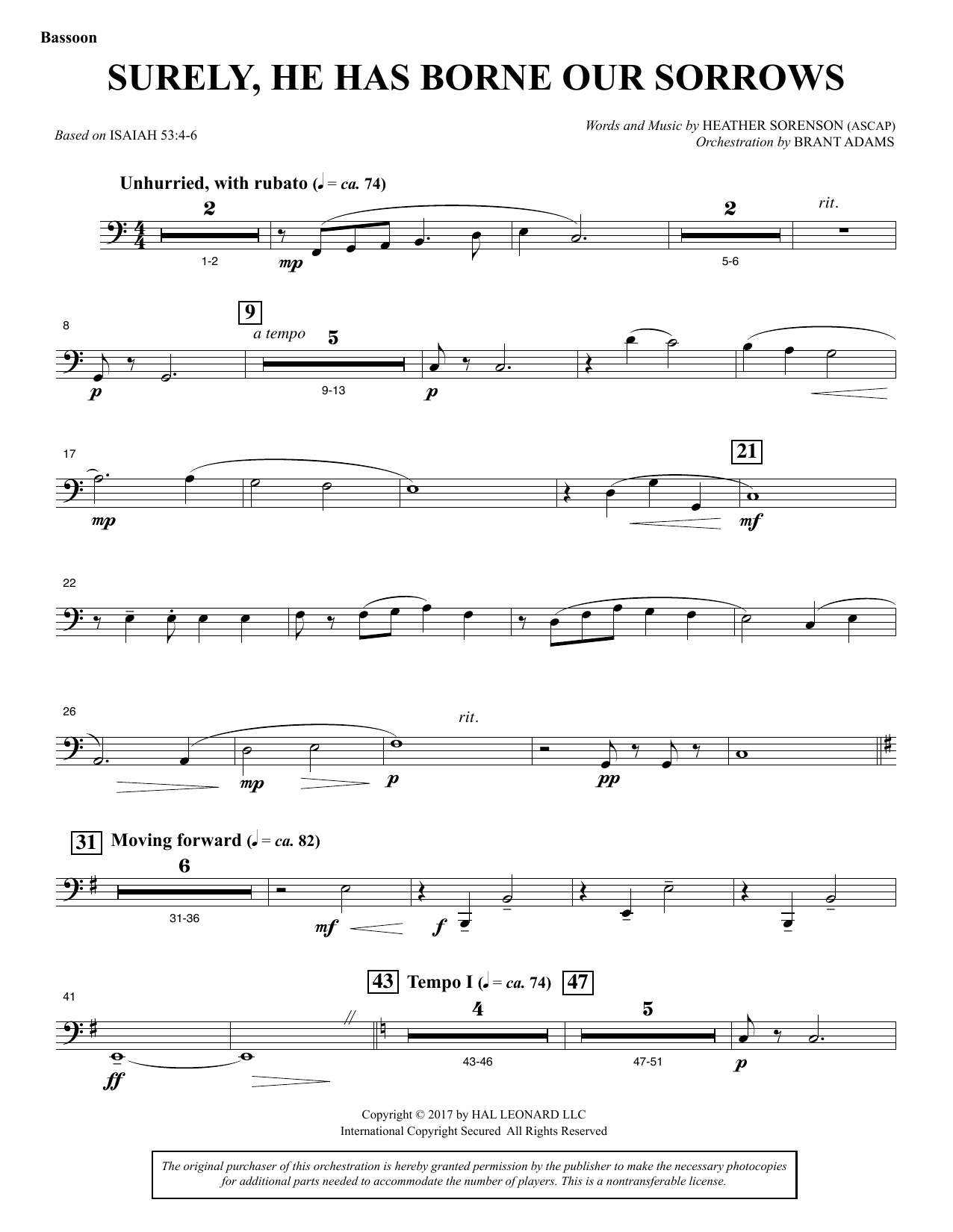 Heather Sorenson Surely, He Has Borne Our Sorrows - Bassoon sheet music notes and chords arranged for Choir Instrumental Pak