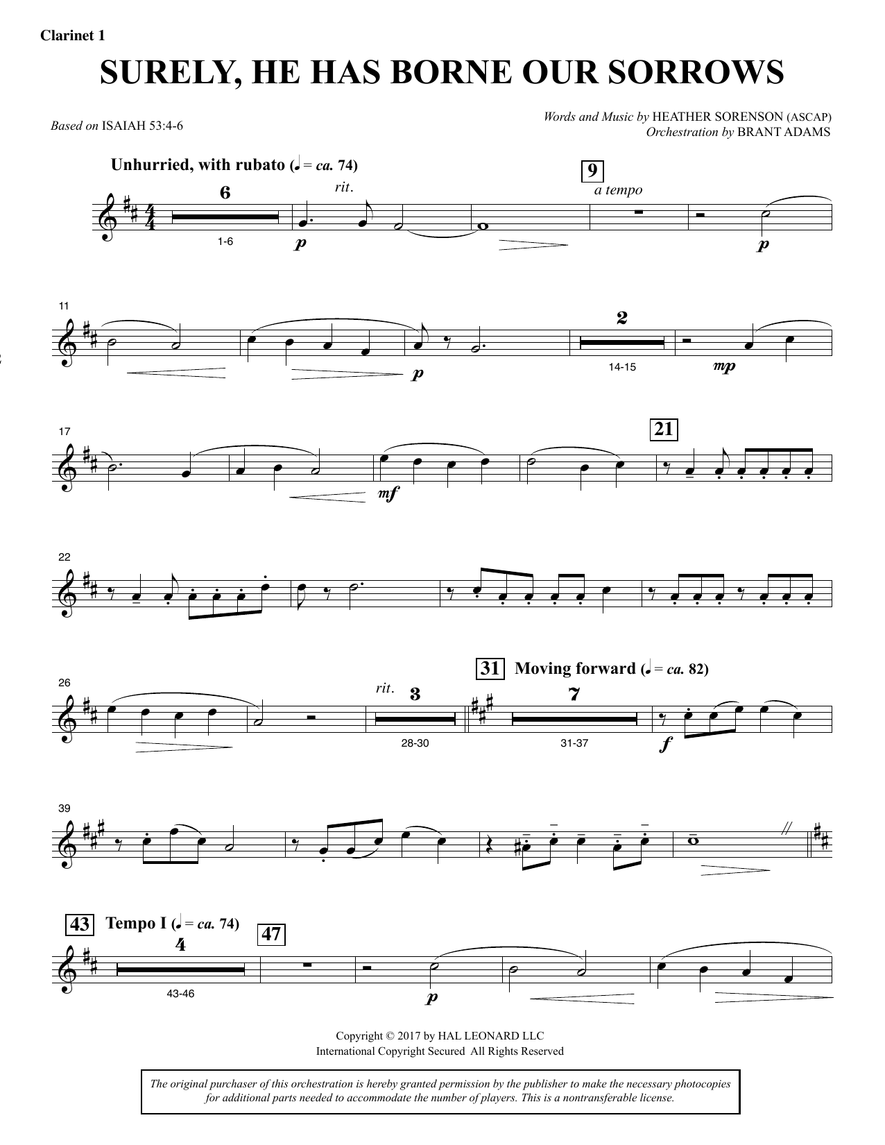 Heather Sorenson Surely, He Has Borne Our Sorrows - Bb Clarinet 1 sheet music notes and chords arranged for Choir Instrumental Pak
