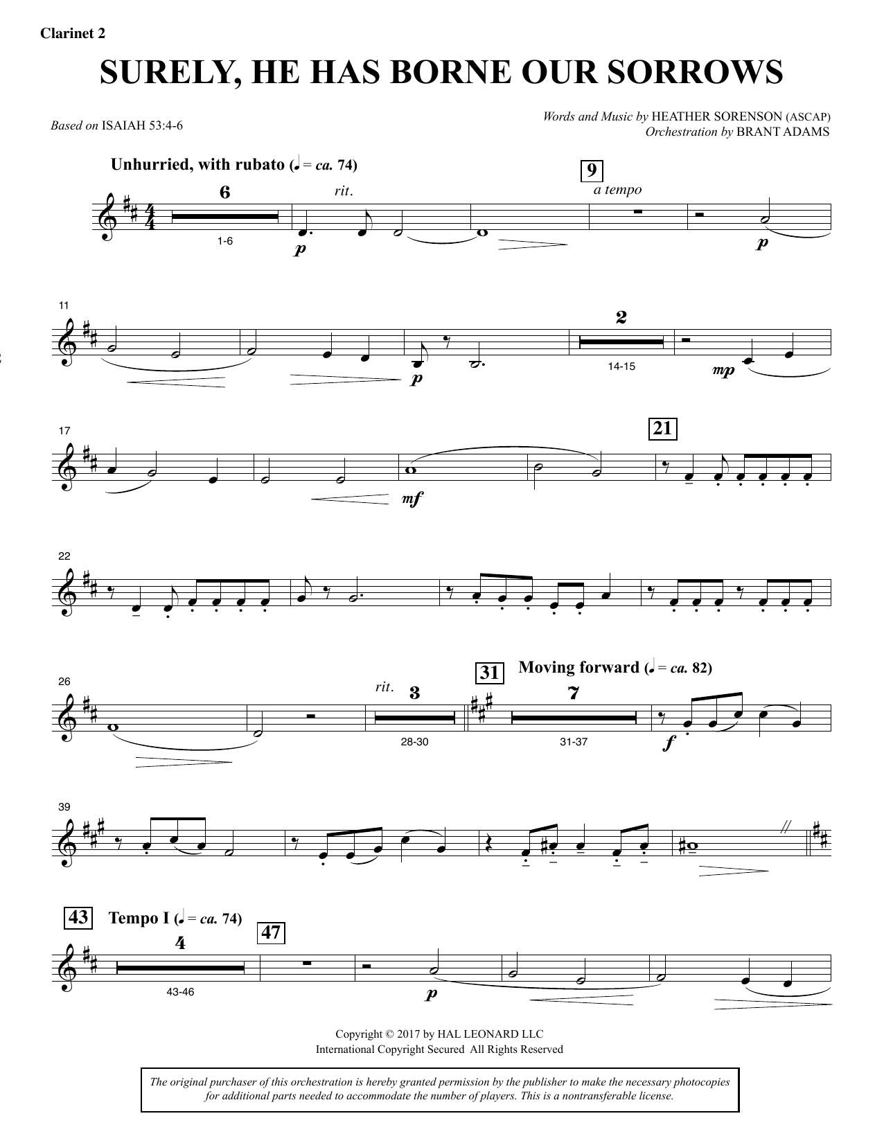 Heather Sorenson Surely, He Has Borne Our Sorrows - Bb Clarinet 2 sheet music notes and chords arranged for Choir Instrumental Pak