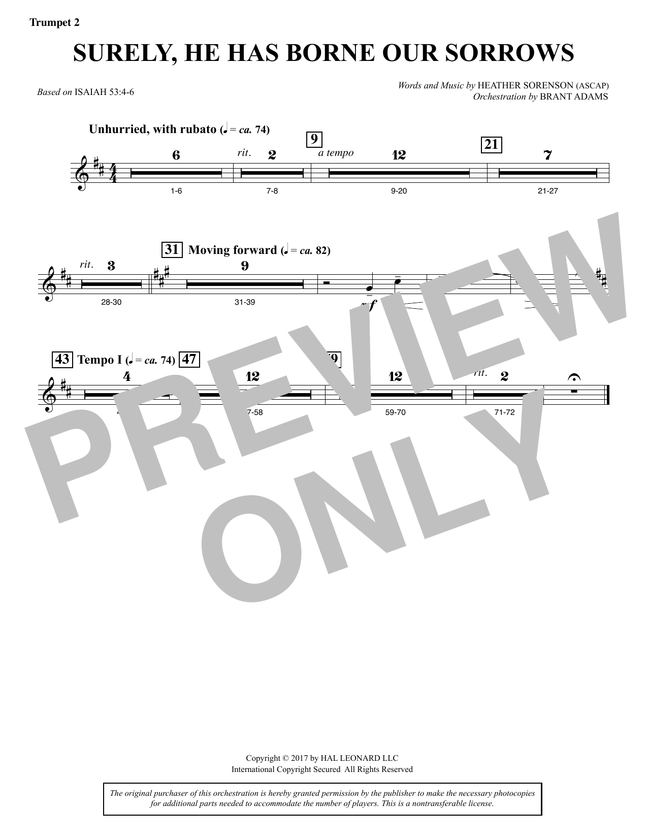 Heather Sorenson Surely, He Has Borne Our Sorrows - Bb Trumpet 2 sheet music notes and chords arranged for Choir Instrumental Pak