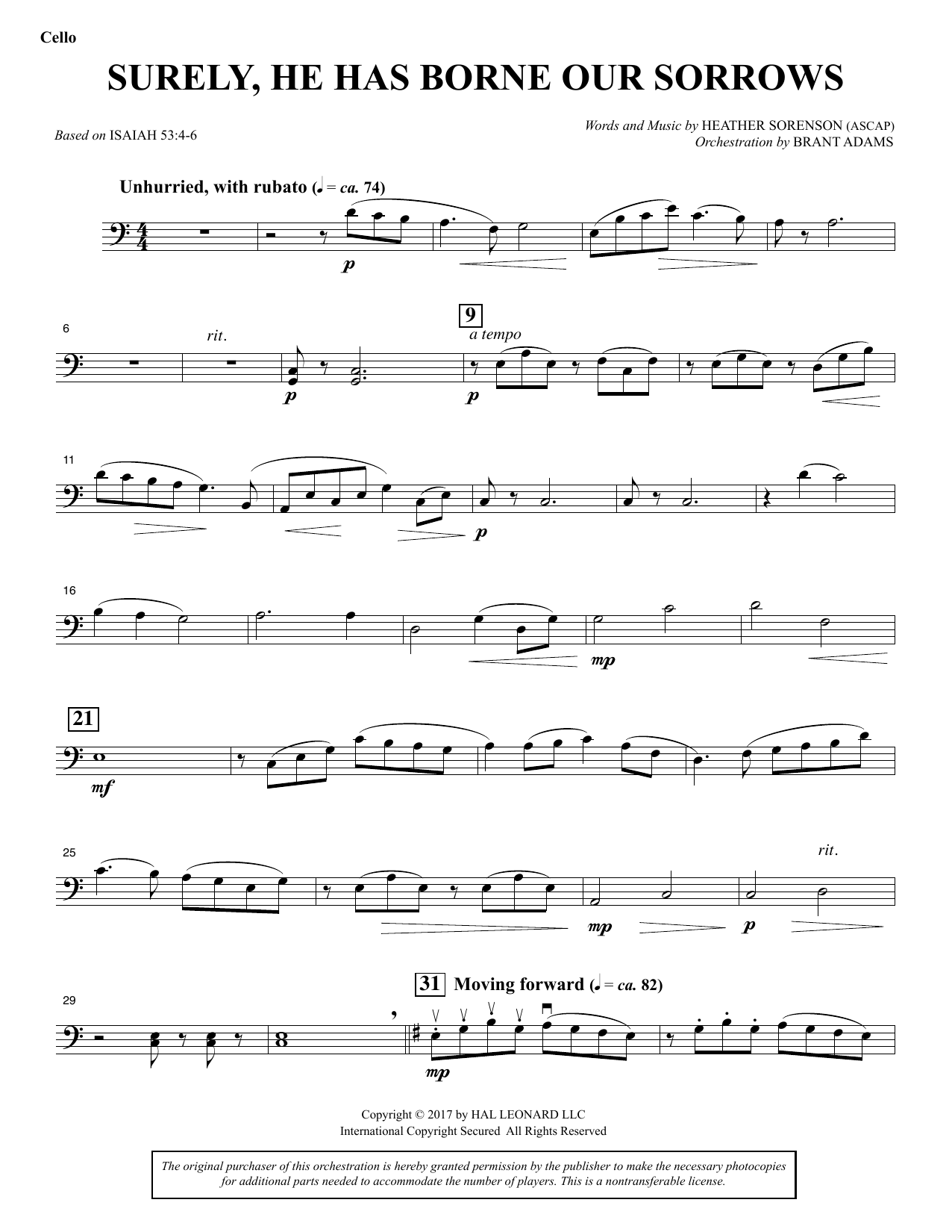 Heather Sorenson Surely, He Has Borne Our Sorrows - Cello sheet music notes and chords arranged for Choir Instrumental Pak