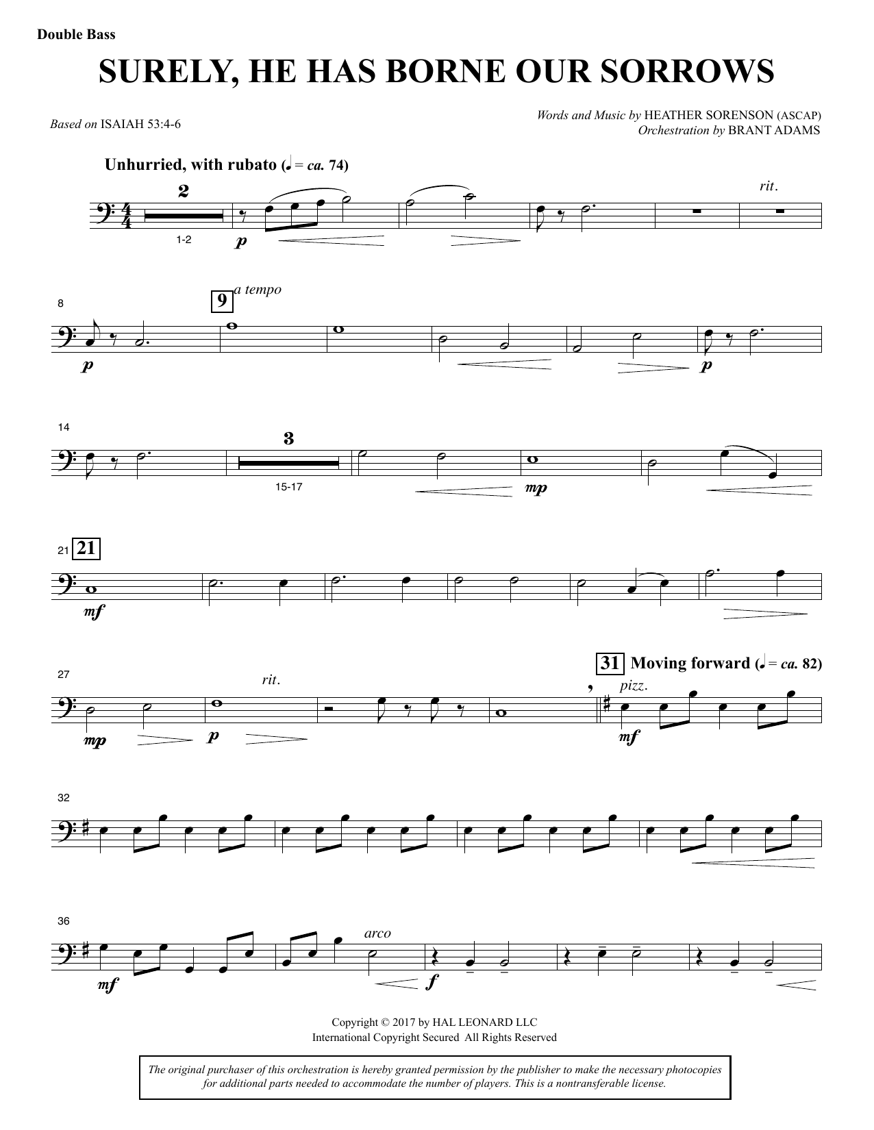 Heather Sorenson Surely, He Has Borne Our Sorrows - Double Bass sheet music notes and chords arranged for Choir Instrumental Pak