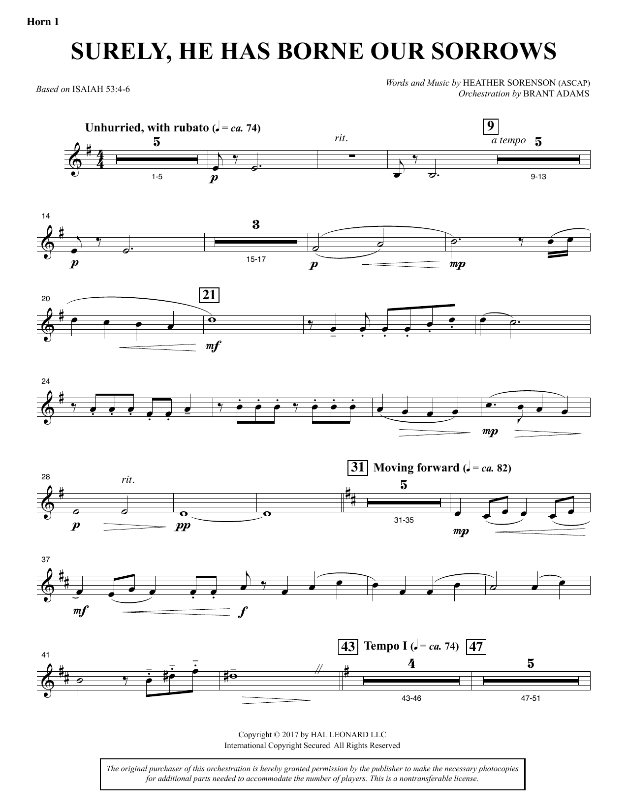 Heather Sorenson Surely, He Has Borne Our Sorrows - F Horn 1 sheet music notes and chords arranged for Choir Instrumental Pak