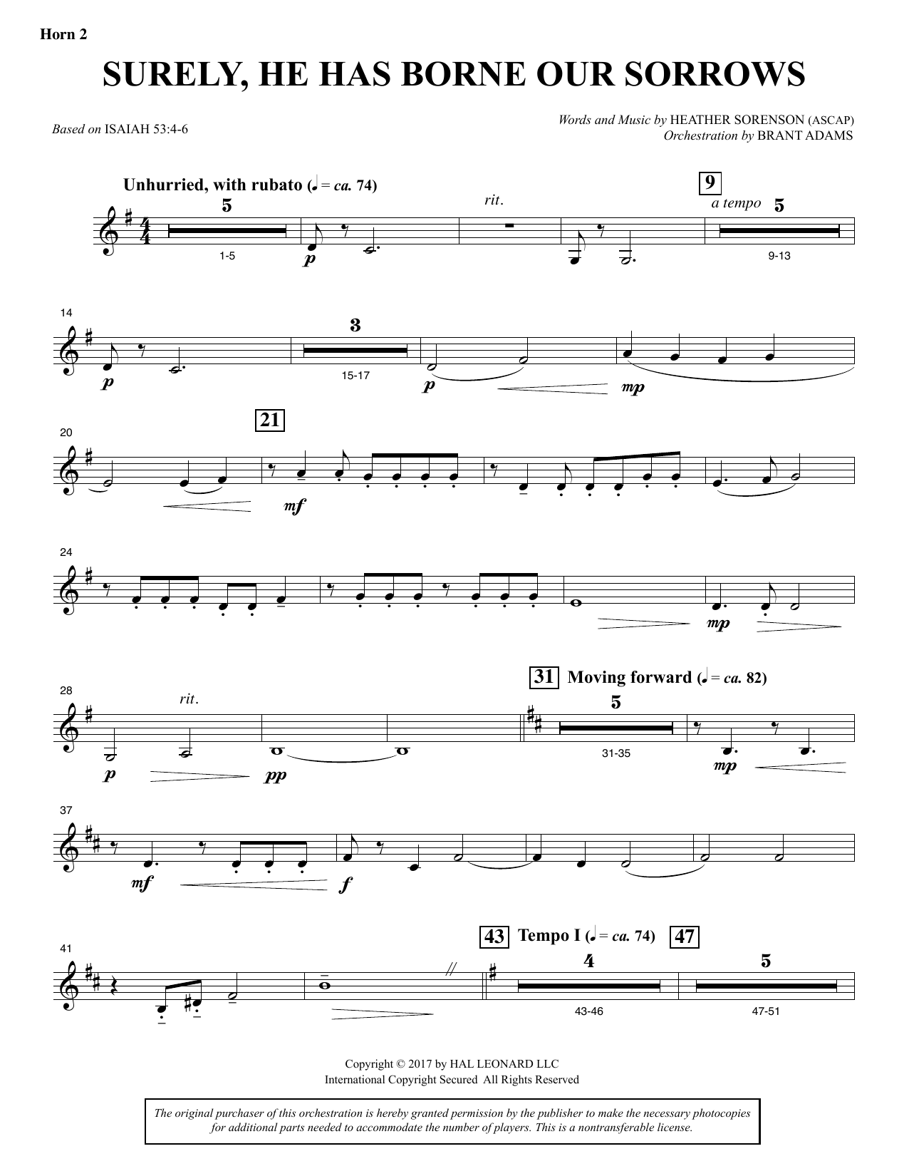 Heather Sorenson Surely, He Has Borne Our Sorrows - F Horn 2 sheet music notes and chords arranged for Choir Instrumental Pak
